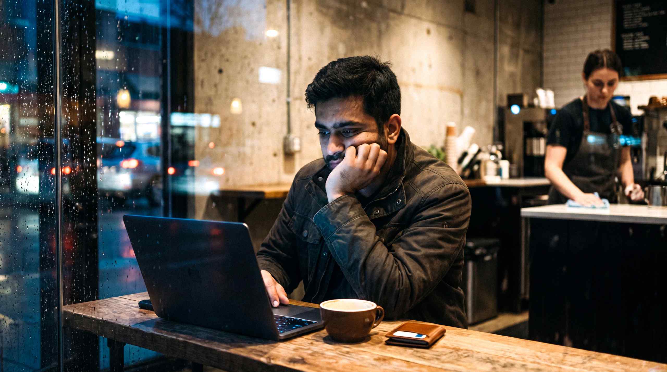 A man checking markets on his laptop in a cafe.